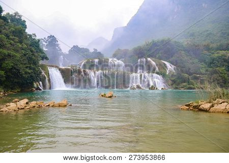 Ban Gioc Waterfall Or Detian Falls, Vietnam's Best-known Waterfall Located In Cao Bang Border With C