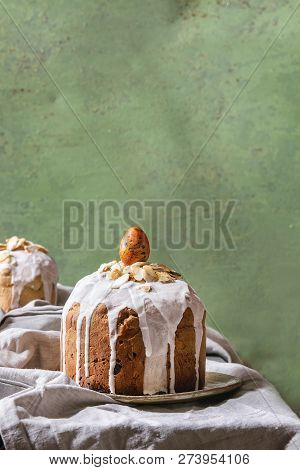 Set Of Traditional Russian And Ukrainian Easter Cake Kulich Paska Bread Glazed With Almond, Whole An
