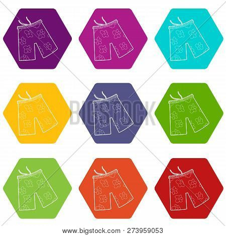 Shorts For Swimming Icons 9 Set Coloful Isolated On White For Web