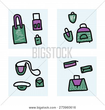 Set Of Bags In Doodle Style. Hand Drawn Woman Accessories. Vector Color Illustration.