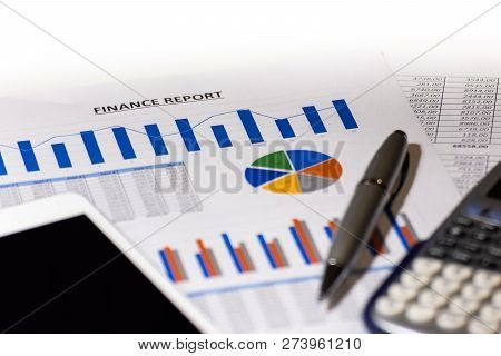 Graphs, Charts, Business Table. The Workplace Of Business People. Finance Report