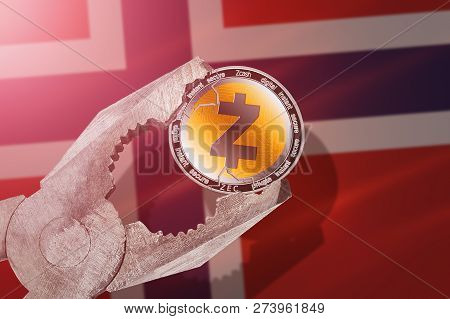 Zcash (zec) Coin Being Squeezed In Vice On Norway Flag Background; Concept Of Zcash Cryptocurrency  