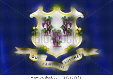 Mosaic Heart Tiles Painting Of Connecticut Flag Blown In The Wind, Love State Patriotic Concept.