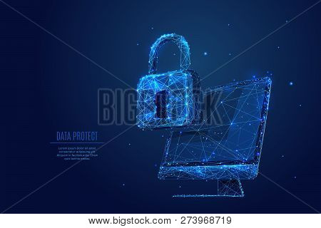 Data Protect. Lock On Computer Monitor Screen. Vector Low Poly Wireframe In The Form Of Starry Sky O