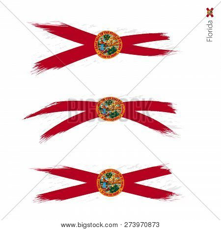 Set Of 3 Grunge Textured Flag Of Us State Florida, Three Versions Of State Flag In Brush Strokes Pai