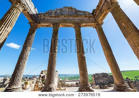 View From The Inside Of A Temple In The Ancient Roman Ruins Of Dougga In Tunisia