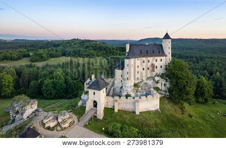 Aerial View Of Bobolice Castle - 14th-century Royal Castle In The Village Of Bobolice, Polish Jura, 