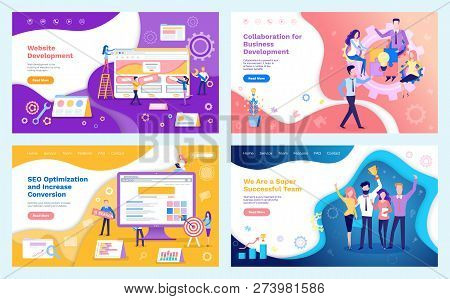 Collaboration Of Team, Super Successful Workers Holding Trophy Award Vector. Website Development, Te