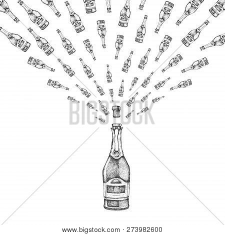 Vector Illustration Of Hand Drawing Champagne Bottle With Splash
