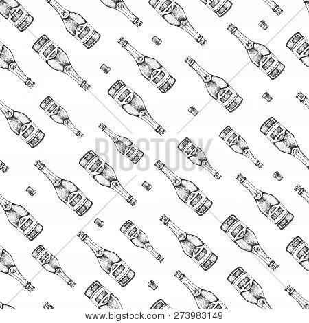 Seamless Pattern With Hand Drawing Champagne Bottle And Cork