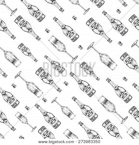 Seamless Pattern With Hand Drawing Champagne Bottle, Champagne Glass And Cork