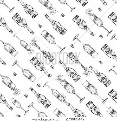 Seamless Pattern With Hand Drawing Champagne Bottle, Champagne Glass And Cork