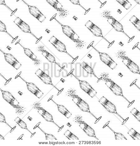Seamless Pattern With Hand Drawing Champagne Glass And Cork