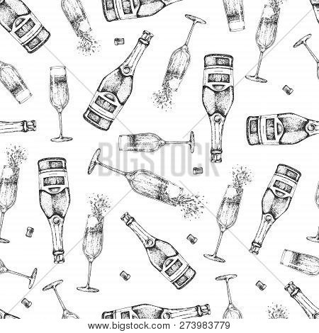 Seamless Pattern With Hand Drawing Champagne Bottle, Champagne Glass And Cork