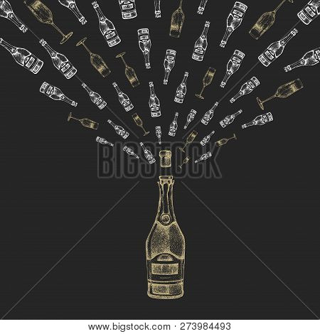 Vector Illustration Of Hand Drawing Champagne Bottle With Splash