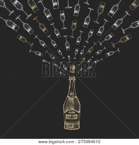 Vector Illustration Of Hand Drawing Champagne Bottle With Splash