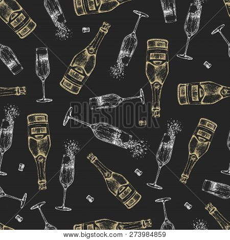 Seamless Pattern With Hand Drawing Champagne Bottle, Champagne Glass And Cork