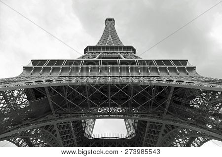 Detail Of Truss Of Eiffel Tower Bottom View And Black And White Effect