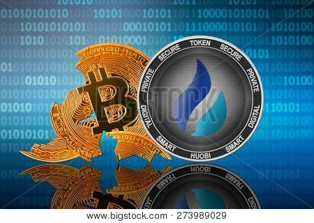 Huobi Token Stands In Front Of Cracked Coin Bitcoin On Binary Code Background; Huobi Token Leader; B