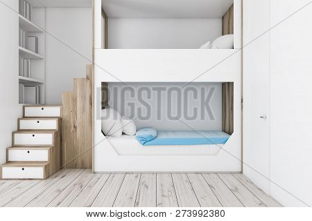Interior Of Teenager Bedroom With White Walls, Wooden Floor, White And Wooden Bunk Bed And White Boo