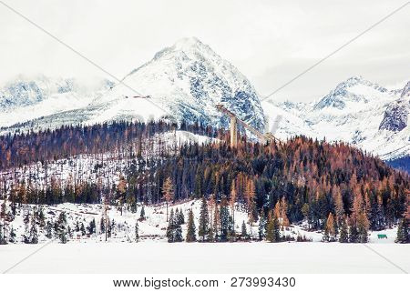 Solisko Peak With Springboard For Ski Jumping, Strbske Pleso, Slovak Republic. Winter Mountains. Sea