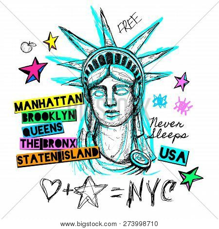 New York, T Shirt Design, Poster, Print, Statue Of Liberty Lettering Map, Tee Shirt Graphics, Trendy