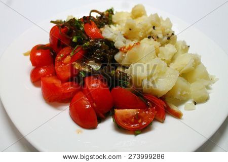 Juicy Ripe Red Tomato In Salad With Aglae And Potato Nice Light Dieting Dinner