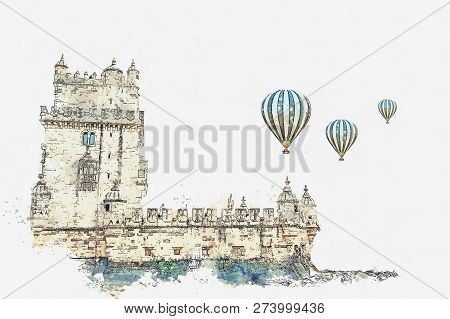 Illustration. Torre De Belem Or The Belem Tower Is One Of The Attractions Of Lisbon. The Fortress Wa