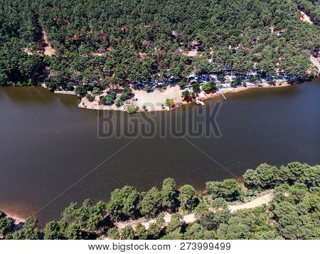 Aerial Drone View Of Aydos Forest Lake In Istanbul. Natural Life.