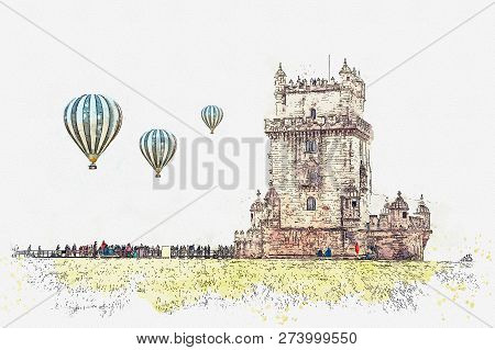 Illustration. Torre De Belem Or The Belem Tower Is One Of The Attractions Of Lisbon. The Fortress Wa