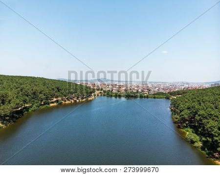 Aerial Drone View Of Aydos Forest Lake In Istanbul