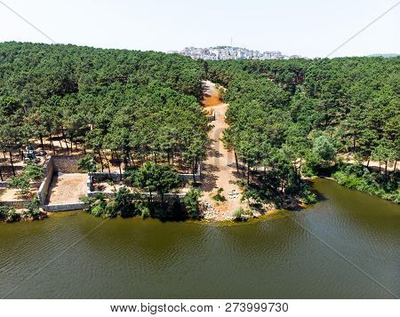 Aerial Drone View Of Aydos Forest Lake In Istanbul. Natural Life.