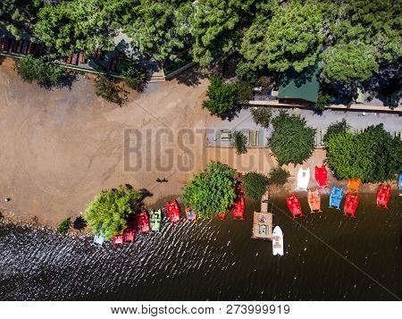 Aerial Drone View Of Aydos Forest Lake With Summer Pedalo Boats In Istanbul
