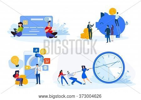 Flat Design Style Illustrations Of Online Payment, M-commerce, E-banking, Time Management, Savings. 