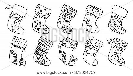 Christmas Socks Flat Line Set. Black Linear Cartoon Holiday Traditional And Ornate Stockings. Christ