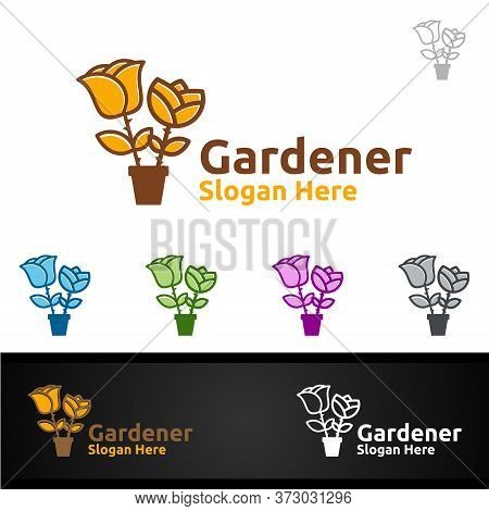 Rose Gardener Logo With Green Garden Environment Or Botanical Agriculture Design Illustration