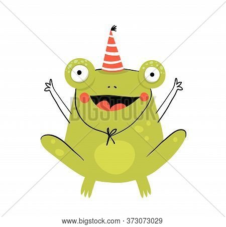 Funny Cute Amusing And Silly Frog Wearing Party Hat, Cute Smiling Happy Animal For Children. Happy B