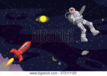 Space Card Background With Spaceman, Rocket, Ufo, Sun, Stars. Austronaut Panoramic Space Template. B