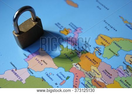 Lockdown Coronavirus Covid-19 Virus Concept Padlock Lock Shadow Across Europe Including Spain, Italy