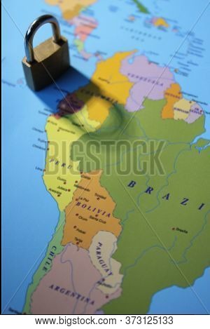 Lockdown Coronavirus Covid-19 Virus Lockdown Concept Padlock Lock Shadow Across South America - Braz