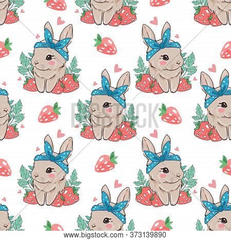 Seamless Pattern Cute Bunny With Strawberry On A White Background. Berry Sweet. Print For Childrens 