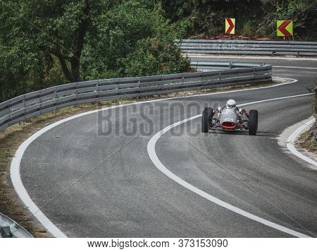 Skradin Croatia, June 2020 Old Timer Silver Formula Race Car Going Uphill On A Hill Climb Championsh