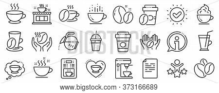 Beans, Hot Cocktail And Coffee Maker Machine. Coffee Line Icons. Espresso Cup, Cappuccino With Whipp