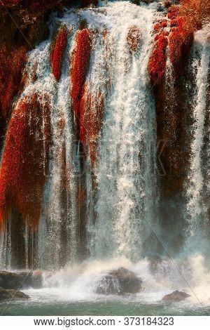 Autumn Gold Kravice Waterfall On The Trebizat River In Bosnia And Herzegovina. Fall Miracle Of Natur