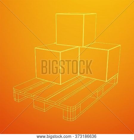 Cargo Pallet For Warehouse With Stacked Goods Cardboard Boxes. Logistics Shipping Concept. Wireframe