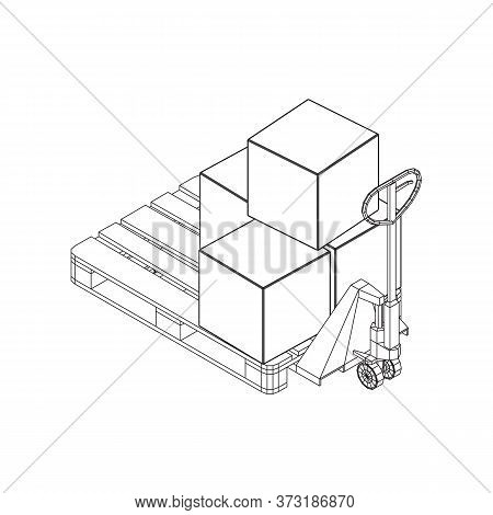Hand Pallet Jack Lift With Pallet And Stacked Goods Cardboard Boxes. Manual Forklift. Logistics Ship