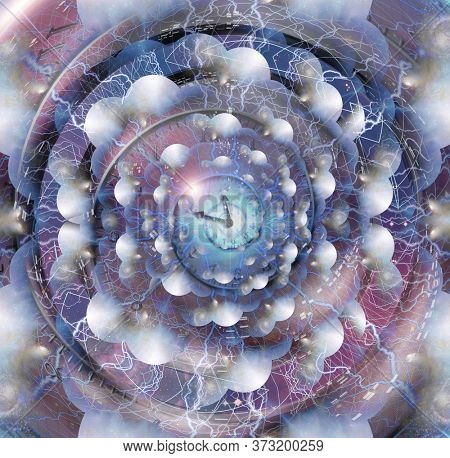 Spiral of time with clock hands. Multi-layered spaces representing endless dimensions. 3D rendering