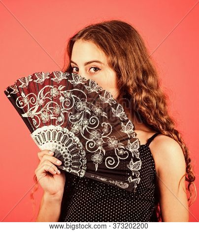 Summer Heat. Fresh Air. Kid Girl Fanning Herself With Fan. Air Circulation. Mysterious Vintage Girl.