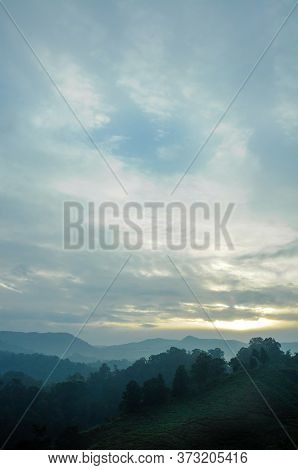Mountain Misty View From The Mount Gede To The Forest Valley At The Sunset