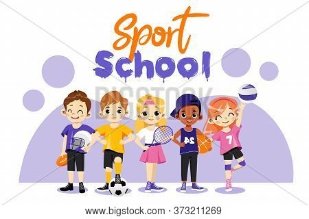 Back To School Concept. Multi Ethnic Teens Set. Different Type Of Sports. Happy Children In Uniform 